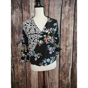 Yumi Kim Black Floral 100% Silk Blouse Size XS